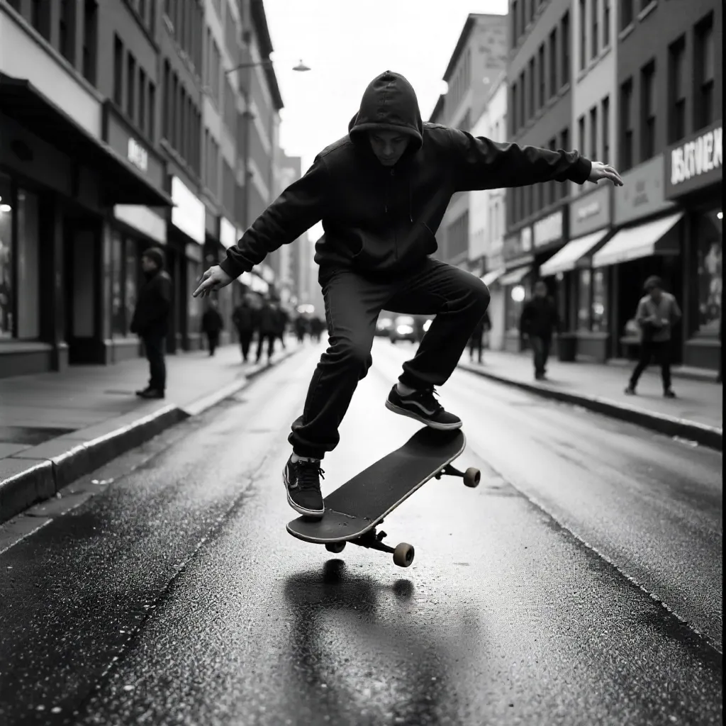 Monochrome Ollie on a City Street