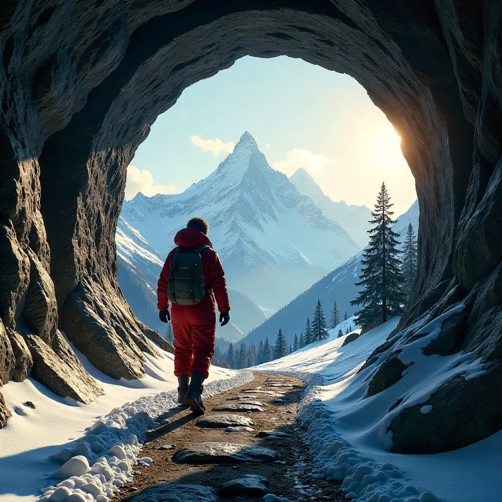 Emerging From a Tunnel to a Snowcapped Vista