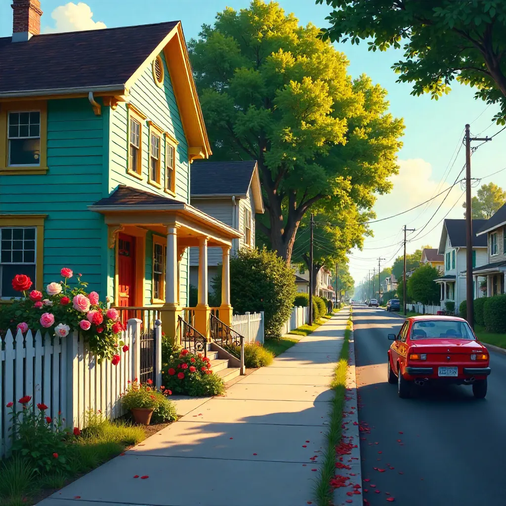 Serene Street: Colorful House with Roses and Red Car