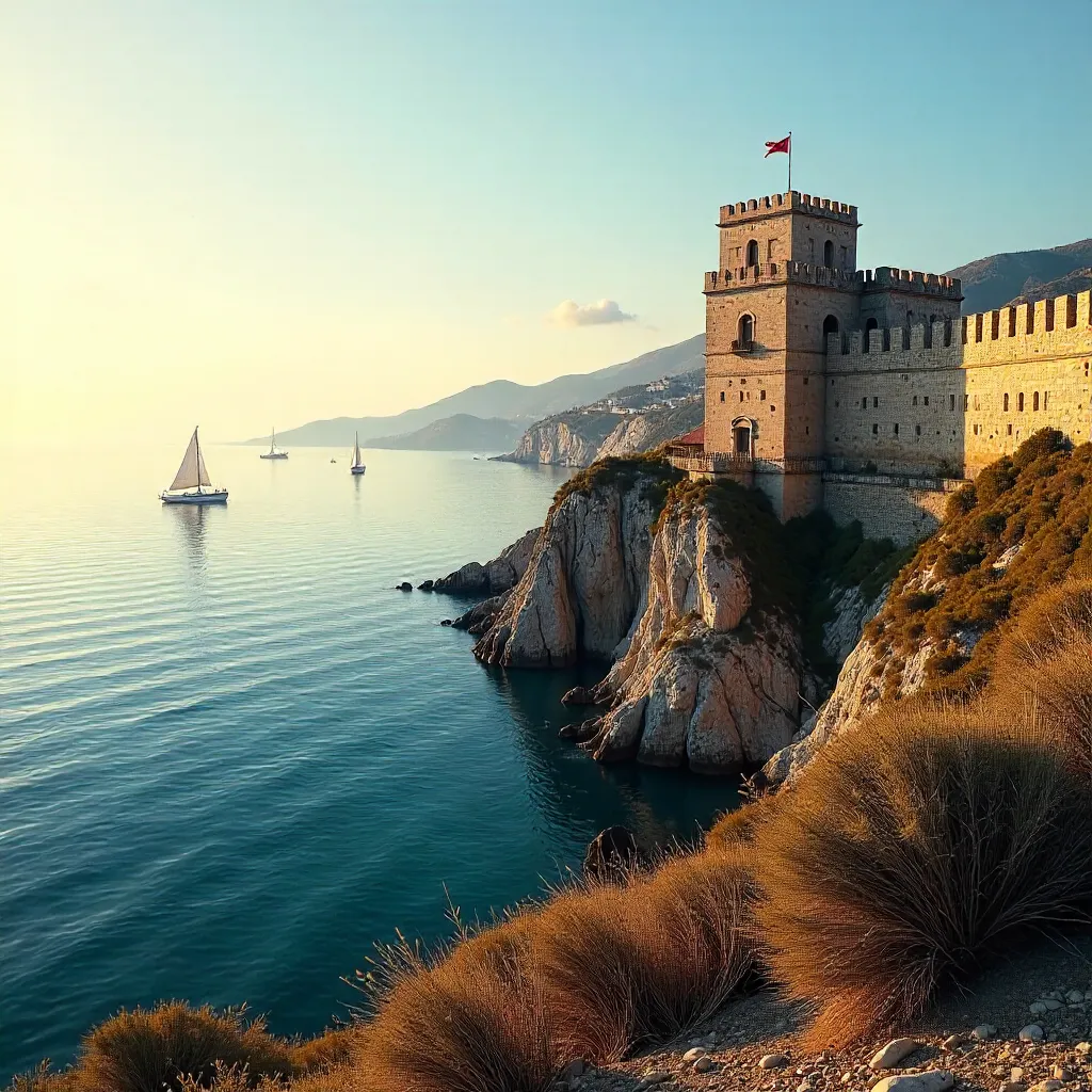Sesimbra Fortress Over Calm Sea at Sunset