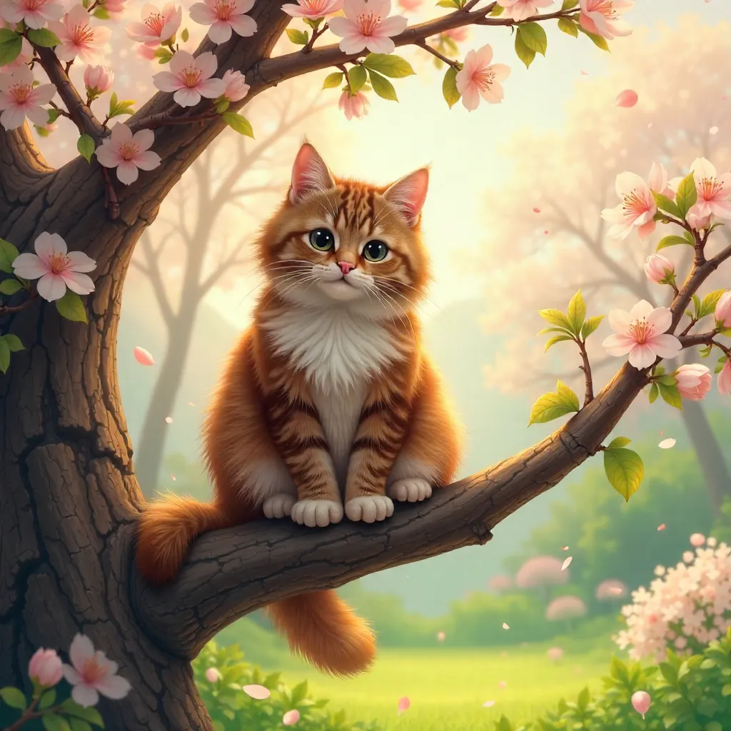 Cozy Cat in a Blooming Spring Tree