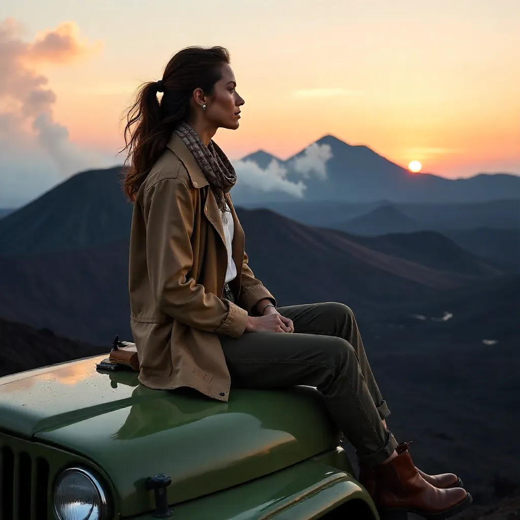 Stylish Traveler on a Jeep at Mount Bromo