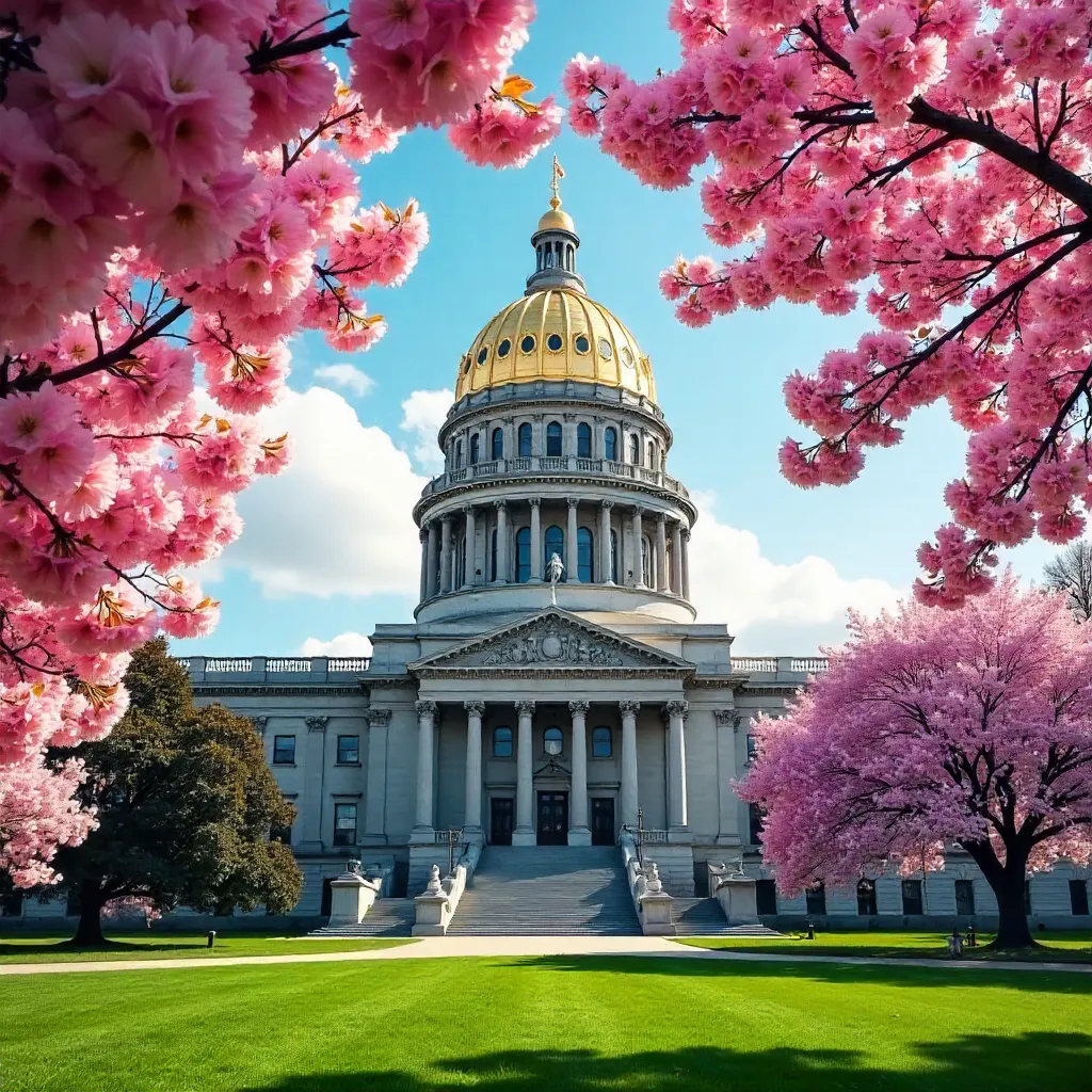 Golden Capitol Dome Framed by Olympia Cherry Blossoms