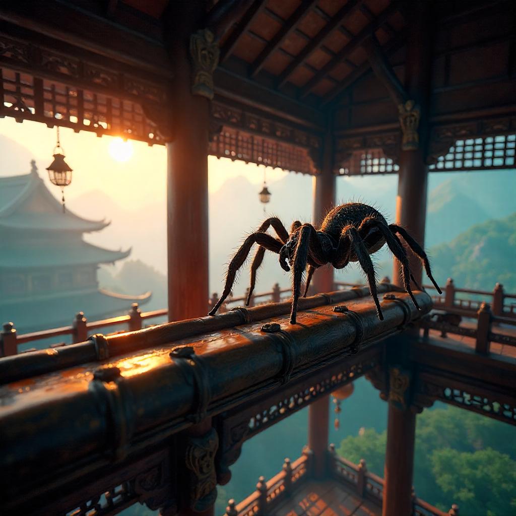 3D Spider in a Serene Pagoda: Ultra-Real Render