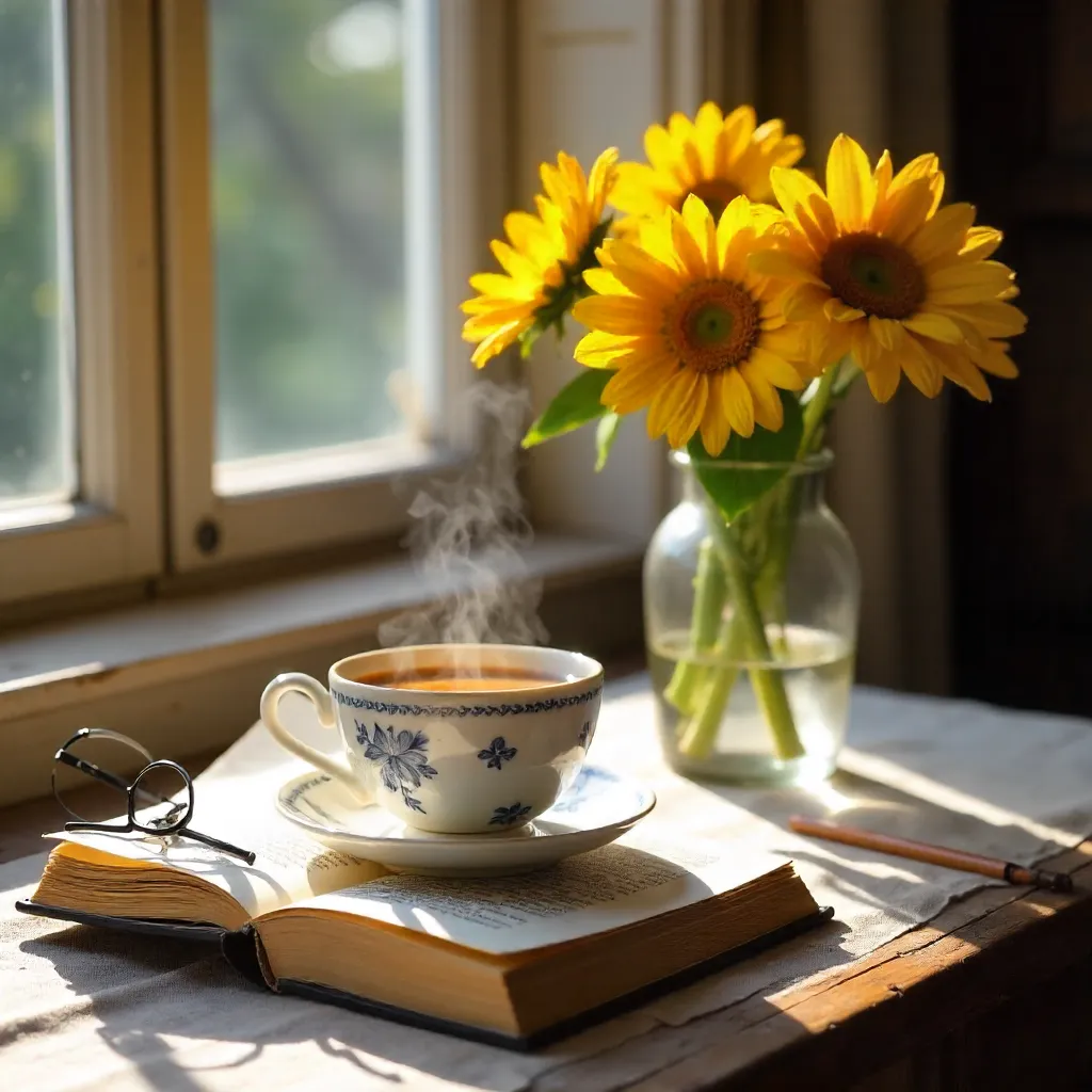 Golden Hour Cozy: Open Book, Tea, and Yellow Flowers