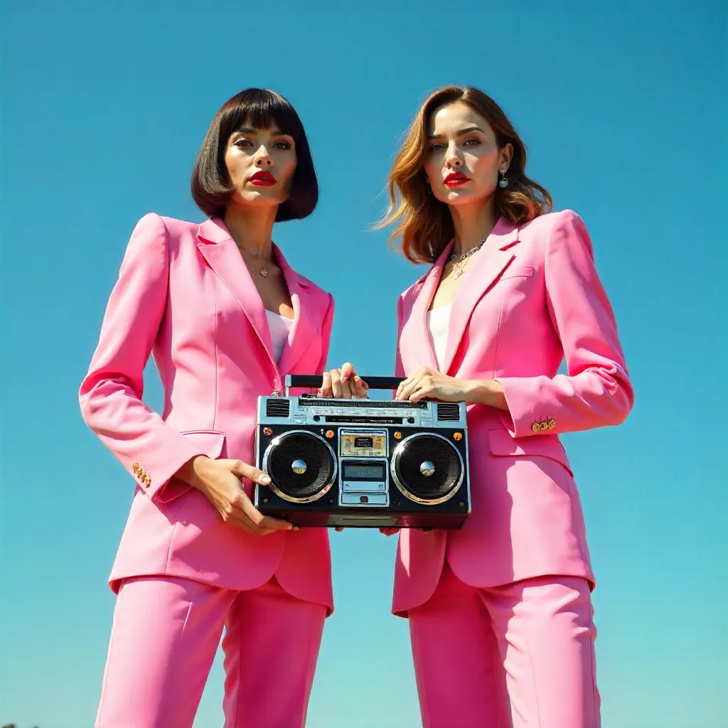 Pink-Suited Duo with Boombox Under Clear Sky