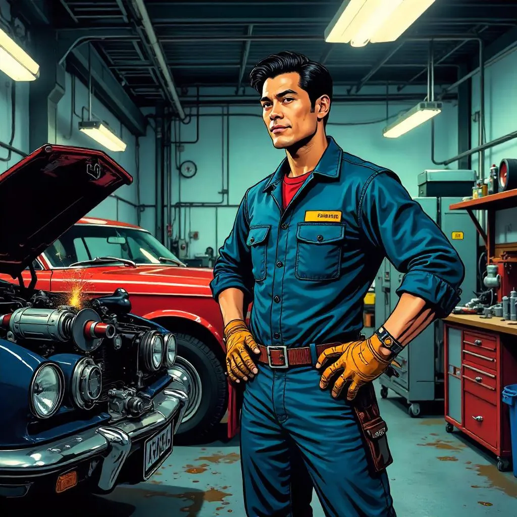 Asian Professional Mechanic in Bold Comic Style