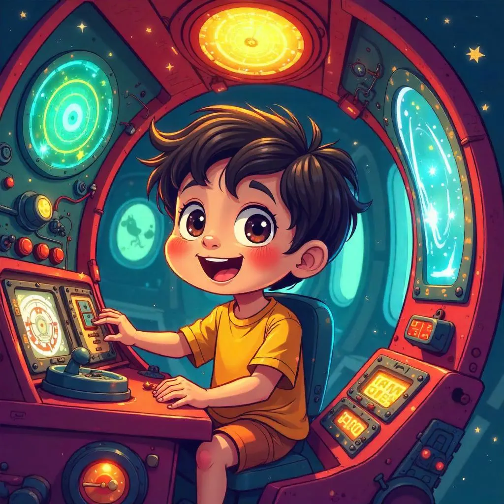 Curious Child in a Colorful Cartoon Time Machine