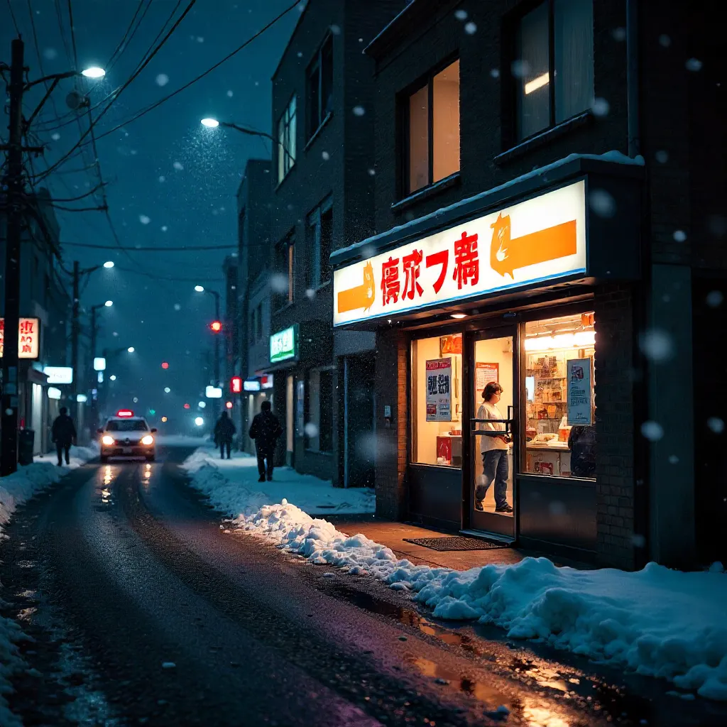 Eiheiji Lawson Store in a Snowy Urban Night