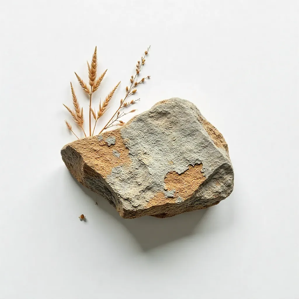 Minimalist Rock with Dried Plants Flat Lay