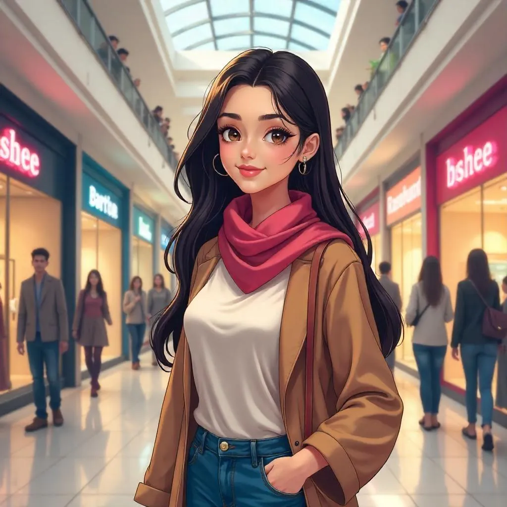 Anime-Style Middle Eastern Girl in a Busy Shopping Mall