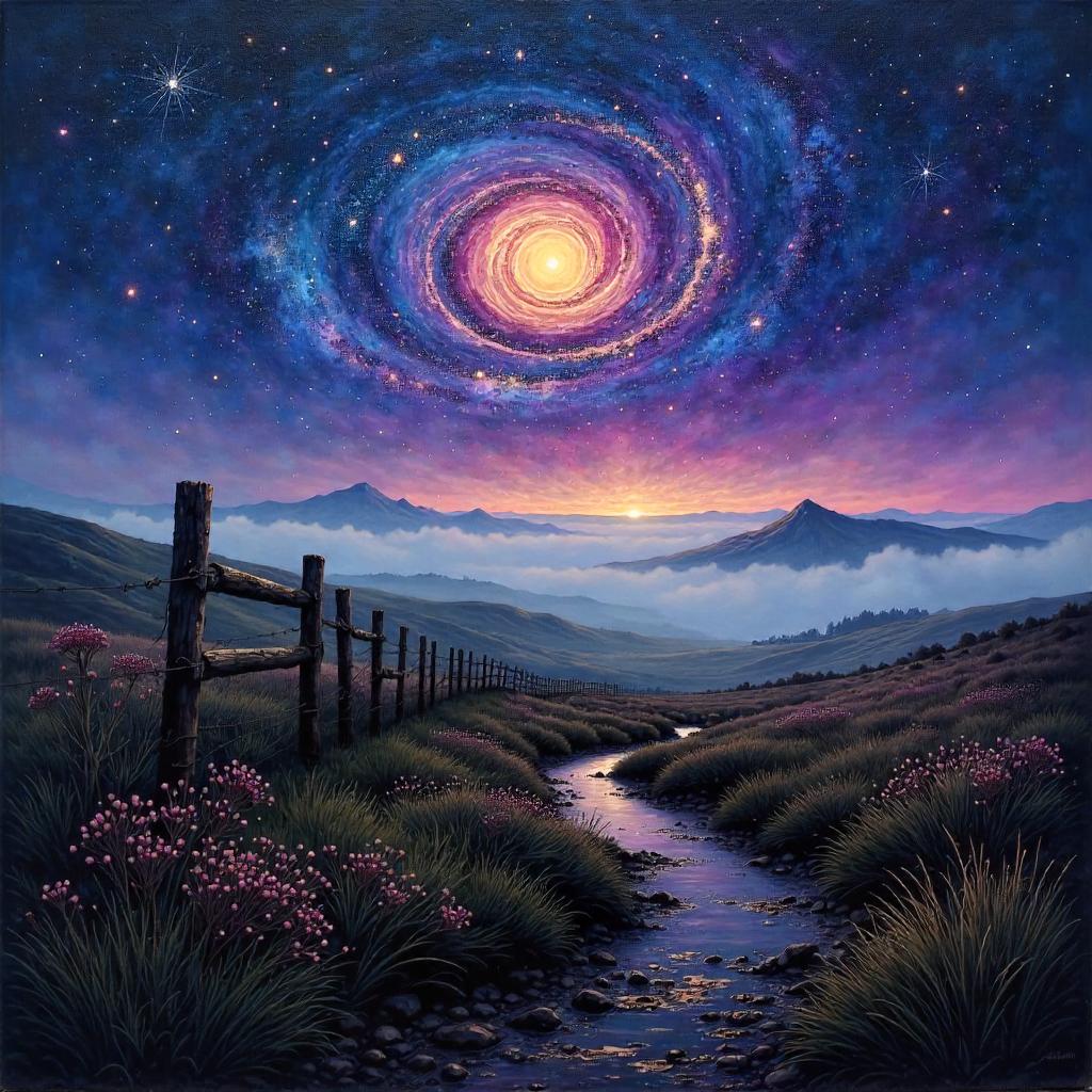 Galaxy over a foggy moor in oil painting