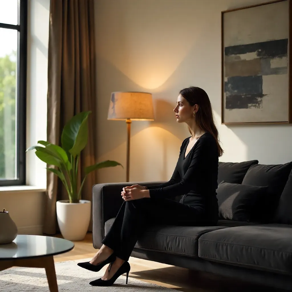 Contemplative Woman in a Stylish Living Room