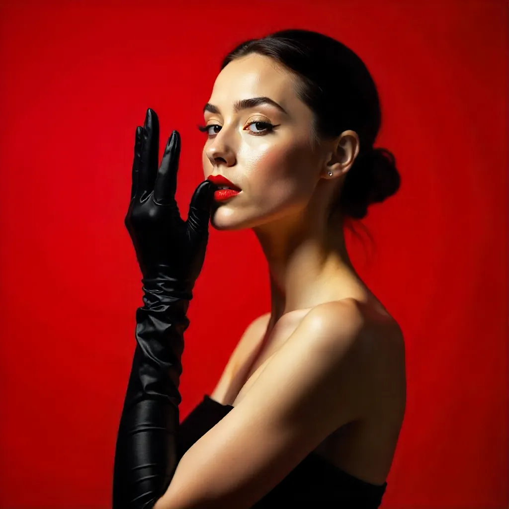Anonymized Female in Red Studio with Gloved Raised Hand