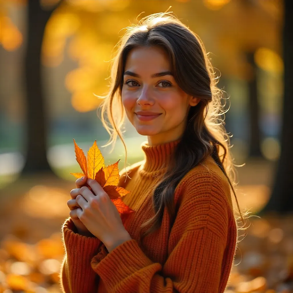 Golden Hour: Woman in Orange Sweater with Autumn Leaves