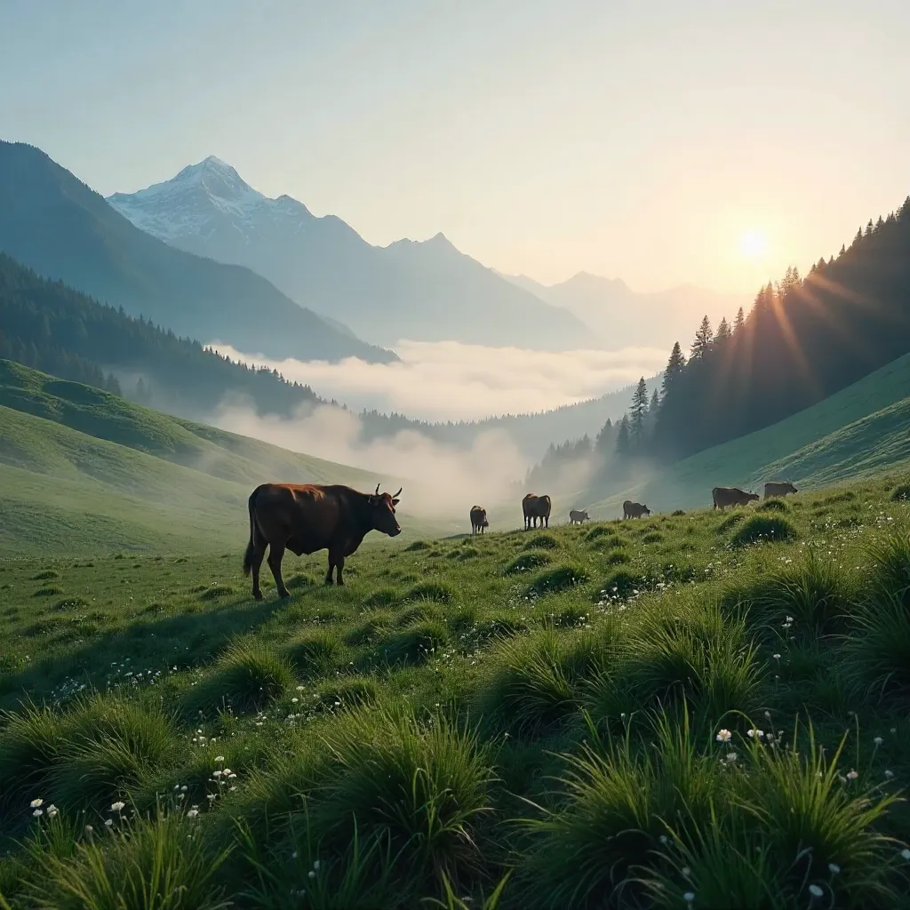 Misty Mountain Meadow: Cows Grazing in Fog