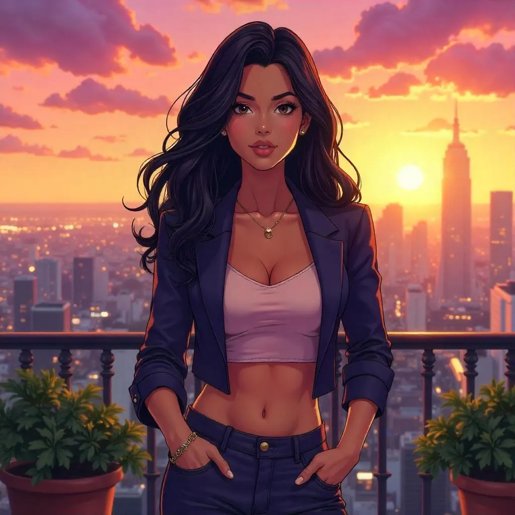 Confident Latina on a Terrace — Anime Portrait