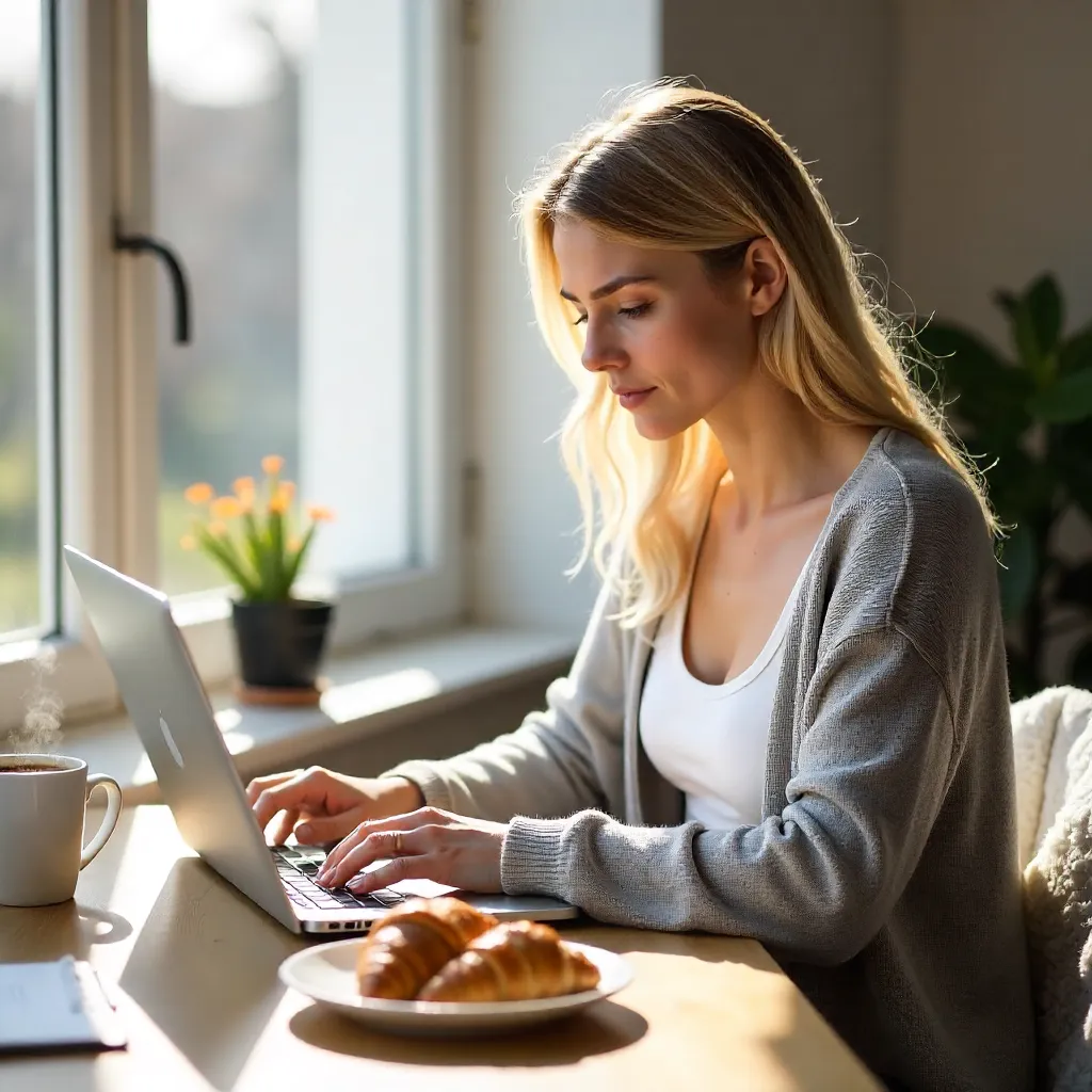 Cozy Home Office Morning with Blonde Freelancer