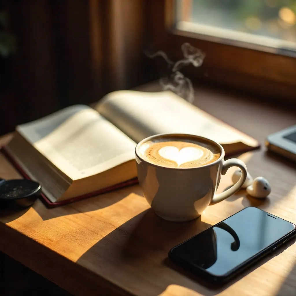 Cozy Café Latte Art with Book and Gadgets