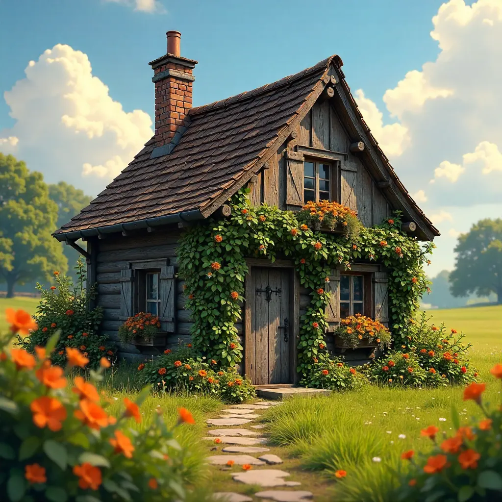 Sunlit Rustic Cottage with Orange Blooms