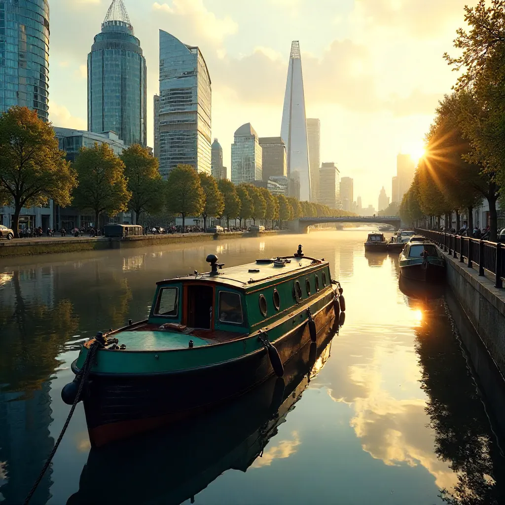 Tranquil Regent's Canal: Moored Boat and London Reflections