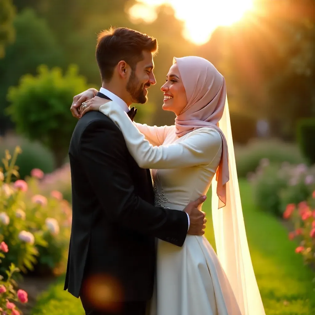 Joyful outdoor wedding: Hijab bride and tuxedo groom embracing