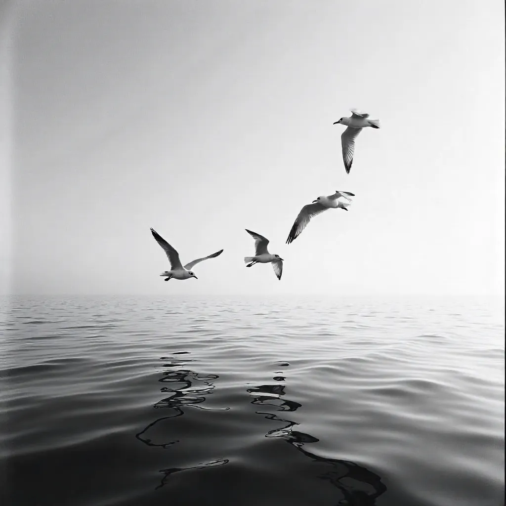 Majestic Seagulls Over a Calm Monochrome Ocean