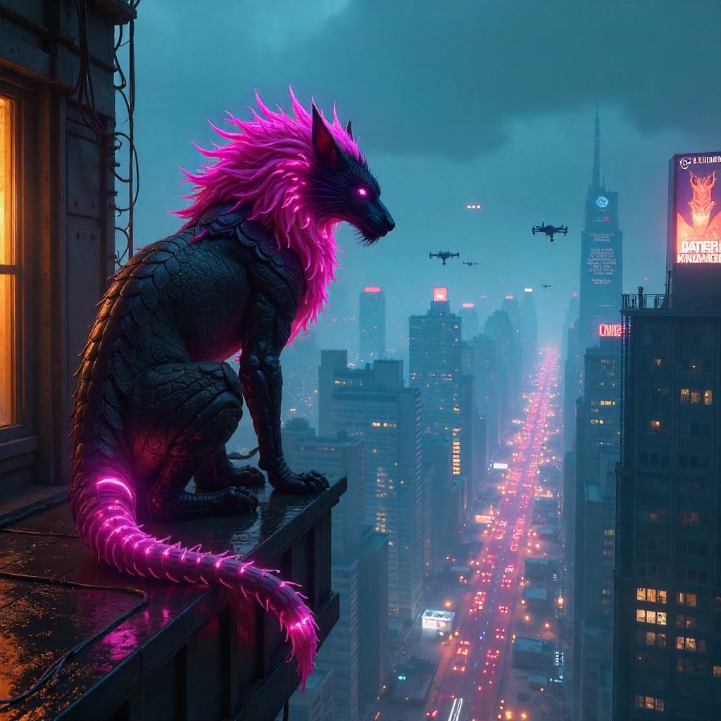 Neon Manticore Over a Futuristic City