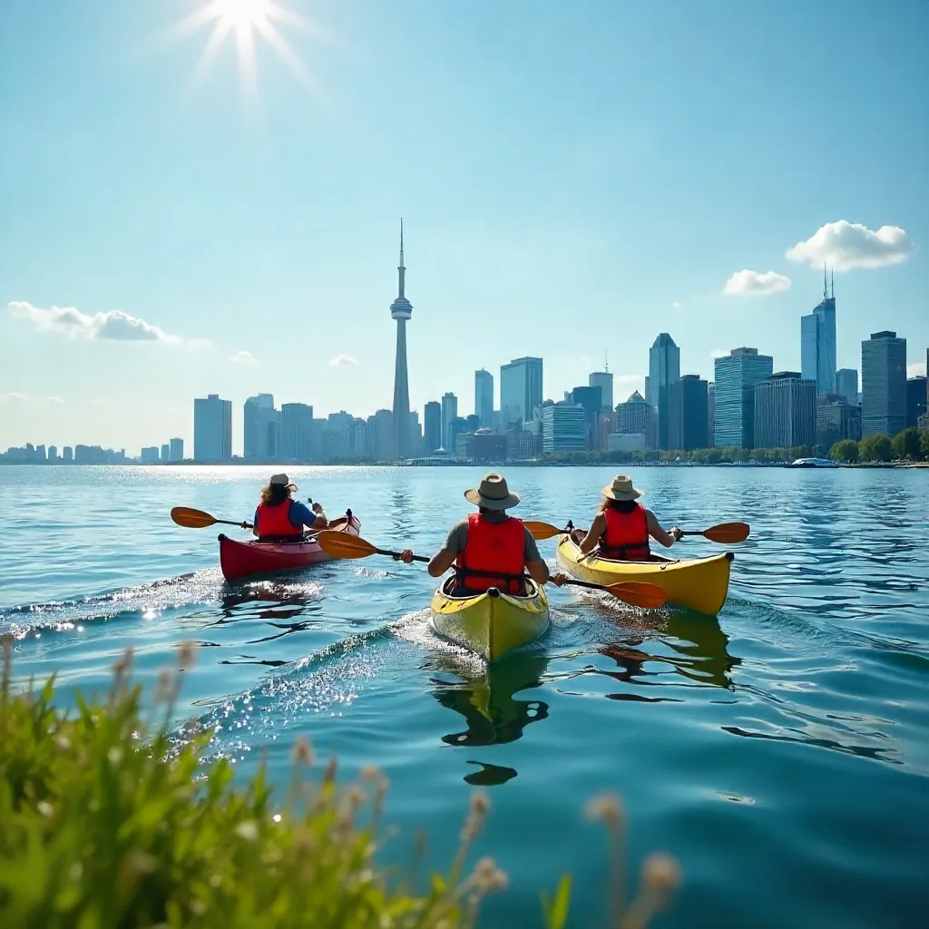 Canoeists on Lake Ontario with Toronto Skyline