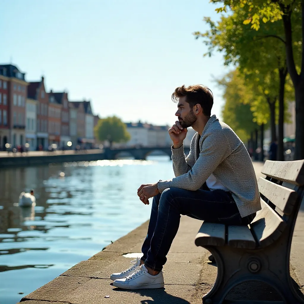 Thoughtful Young Man by the River in Lille, Sunny Day