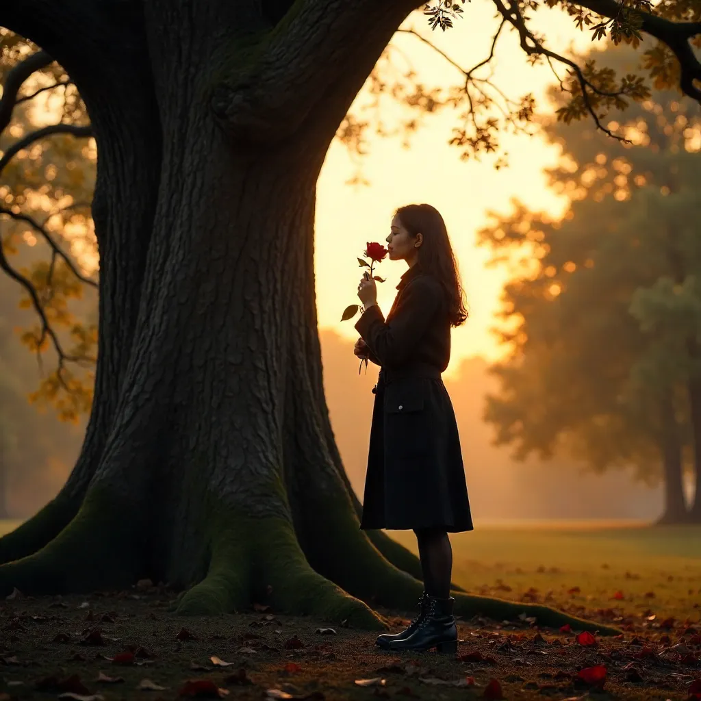 Darkly dressed figure with a red rose by a grand tree