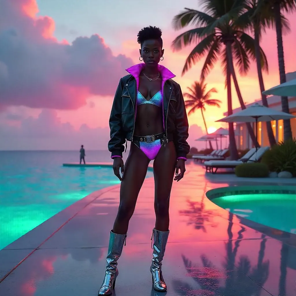 Cyberpunk Beach Queen: Confident Black Woman
