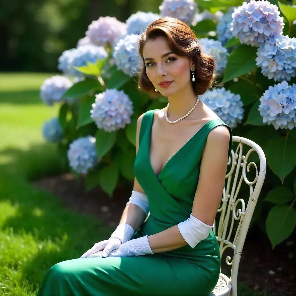 Emerald Green Dress in a Sunlit Hydrangea Garden