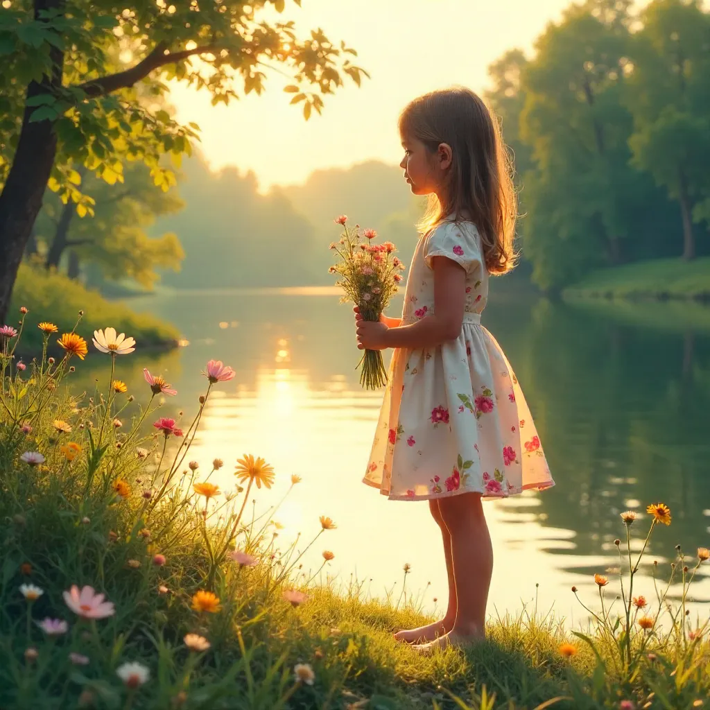 Riverside Golden Hour: Girl in Floral Dress