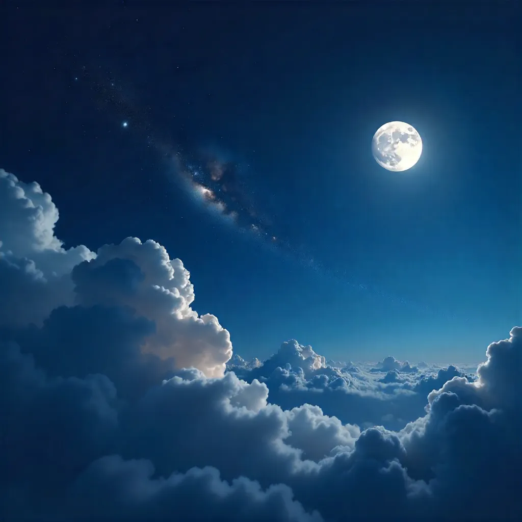 Cumulus Clouds, Moon, and Galaxy Night Sky