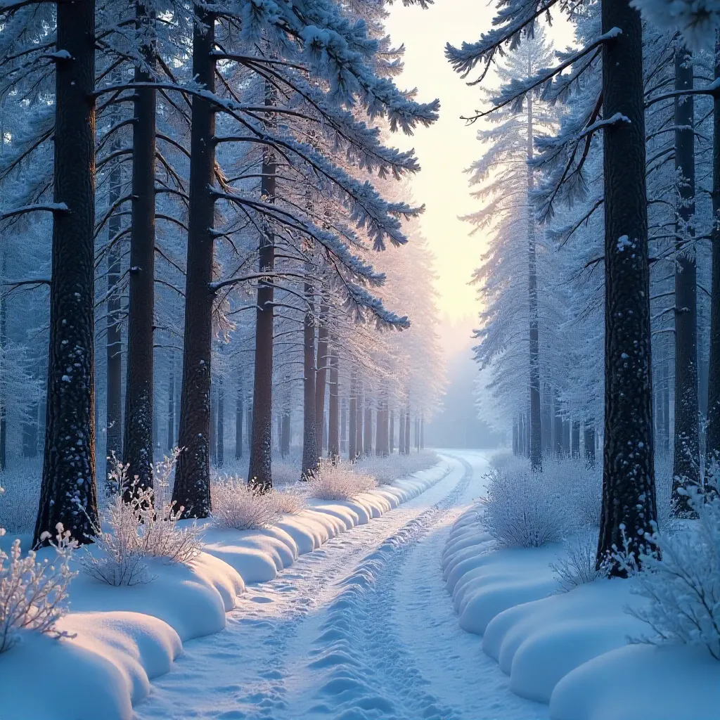 Serene Winter Forest Path Through Frosted Trees