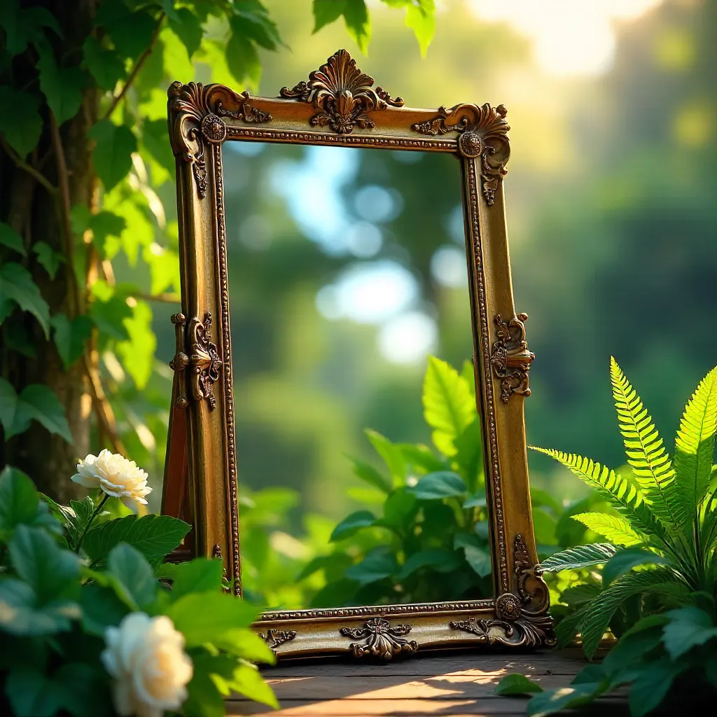 Elegant Gold-Framed Mirror in Lush Greenery