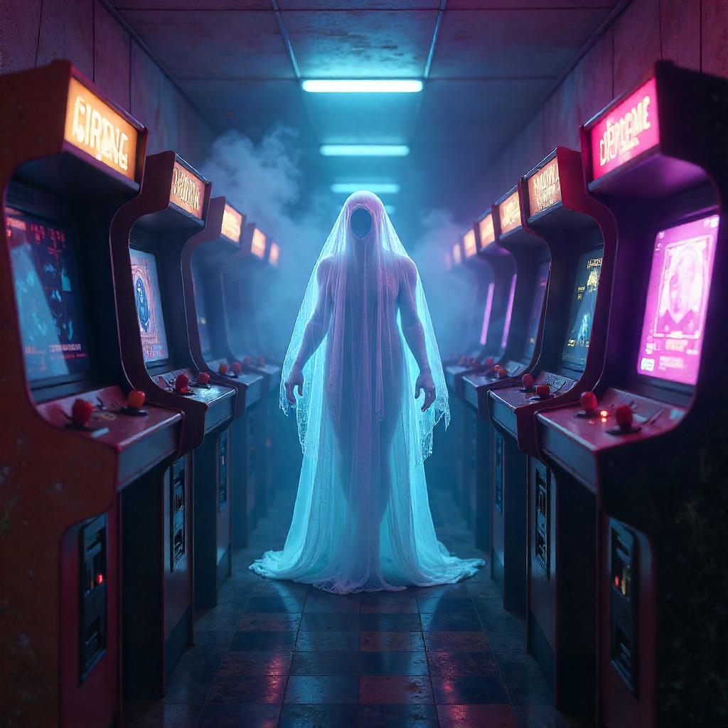 Photorealistic Wraith in a Neon Arcade