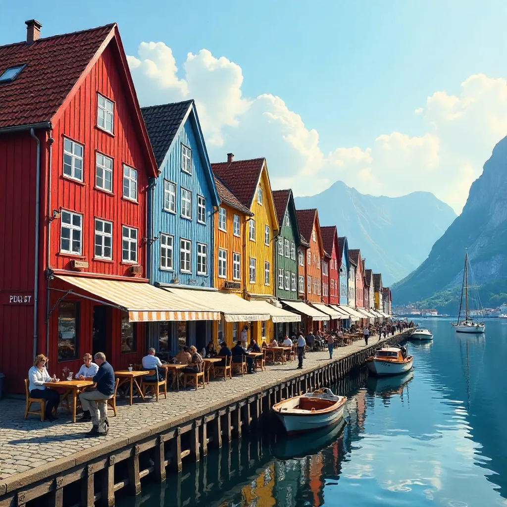 Bryggen Wharf in Bergen: Colorful wooden houses and cafe terraces