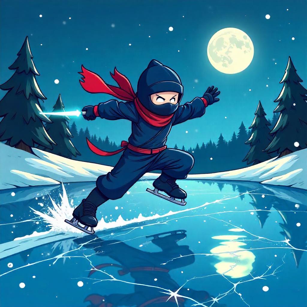 Cartoon Ninja Gliding Across a Frozen Lake