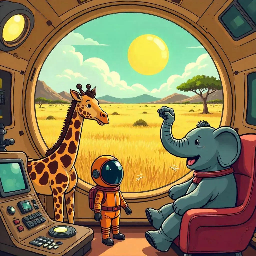 Cartoon Savanna Aboard a Sparkling Spaceship