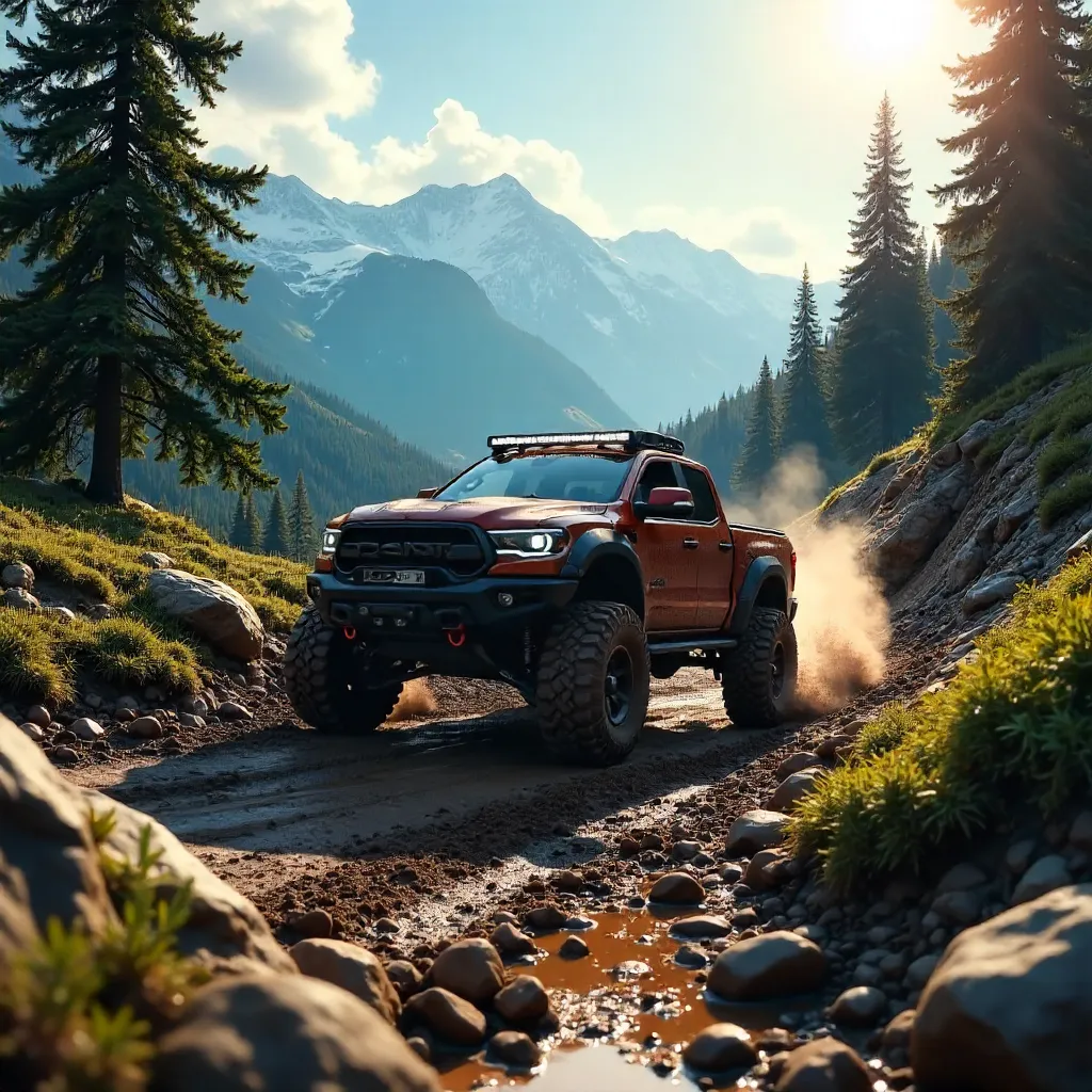 Rugged Truck Crossing Muddy Alpine Forest