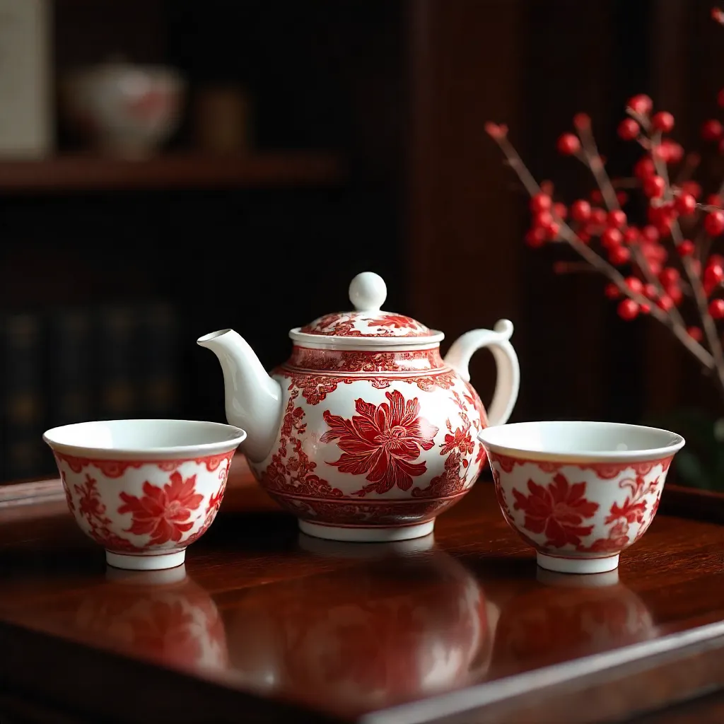 Elegant Red and White Chinese Teapot Set on Dark Wood