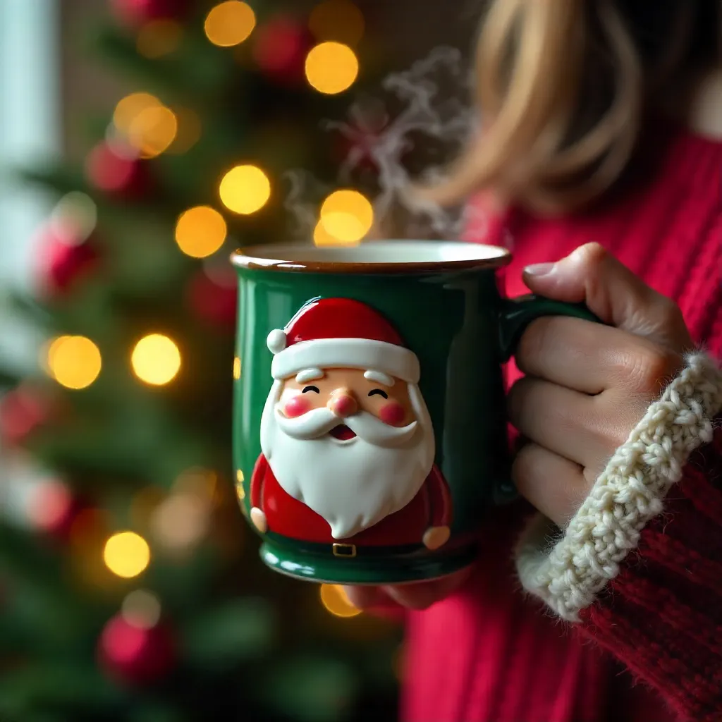 Green Santa Mug in Front of a Decorated Christmas Tree