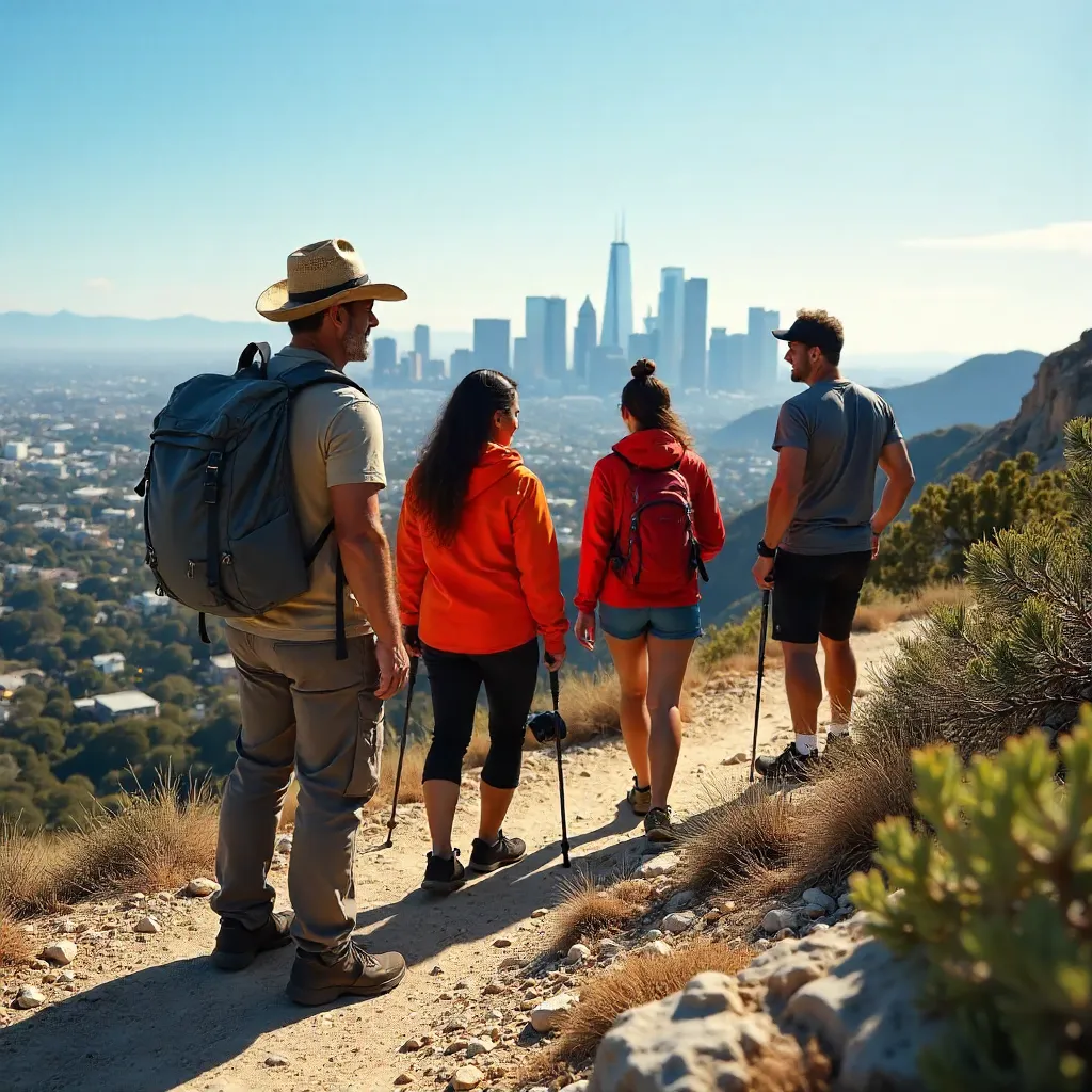 Four Hikers Overlook LA Skyline on a Sunny Day
