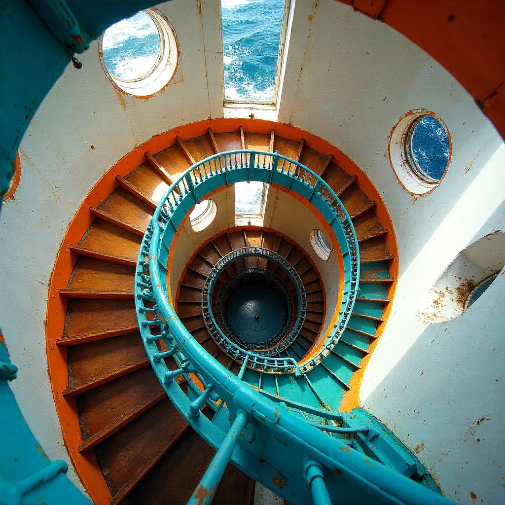 Vibrant Spiral Staircase in a Lighthouse (From Below)