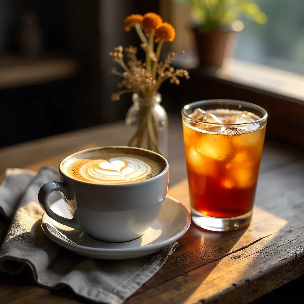 Cozy Latte Art and Iced Coffee on Rustic Wood Table