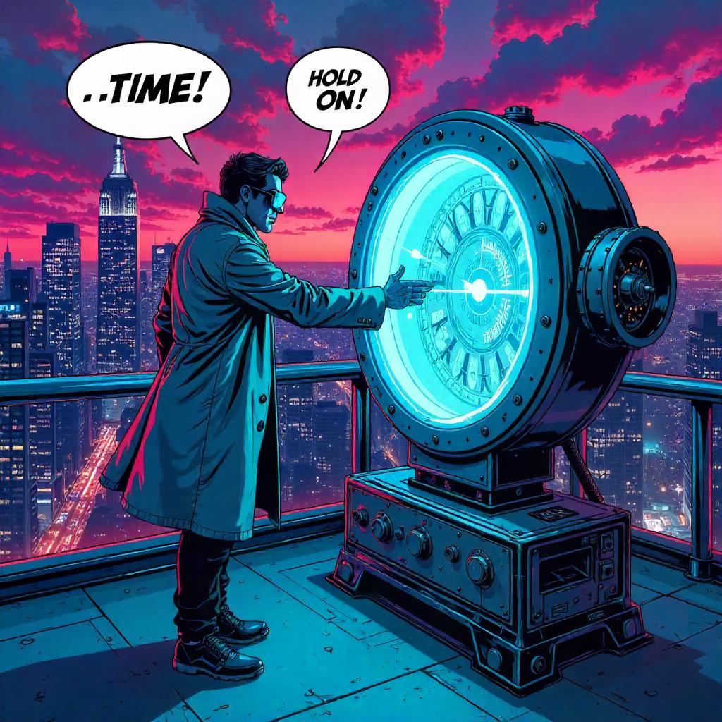Time Machine Rooftop Showdown in Comic Style