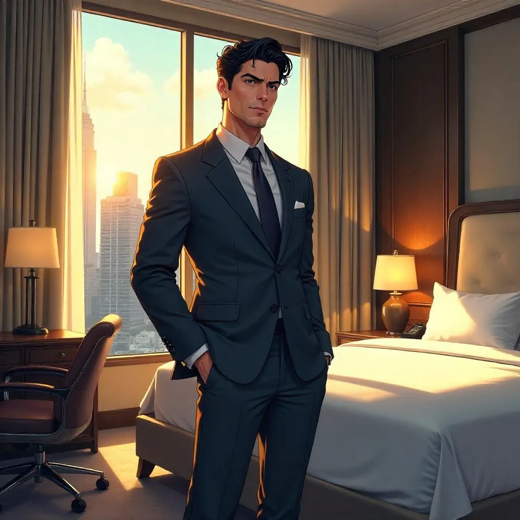 Confident Latino Man in Anime Hotel Room