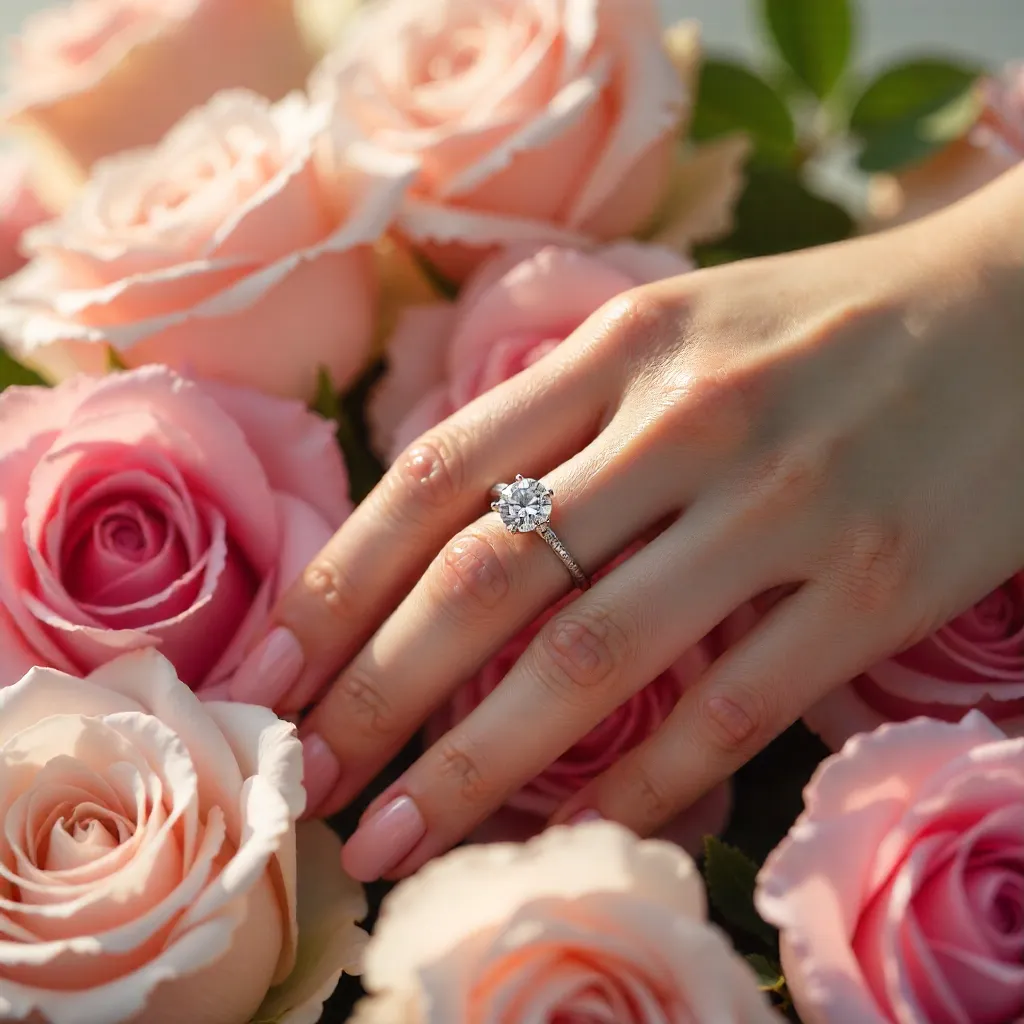 Engagement Ring Resting on Rosy Petals